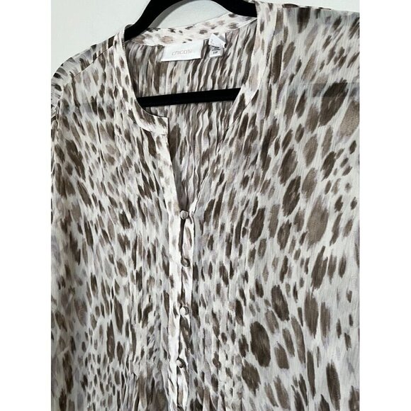 Chicos Animal Print Top XL Brown Sheer Pintuck Neutral Minimalist Resort Classic - Picture 6 of 13